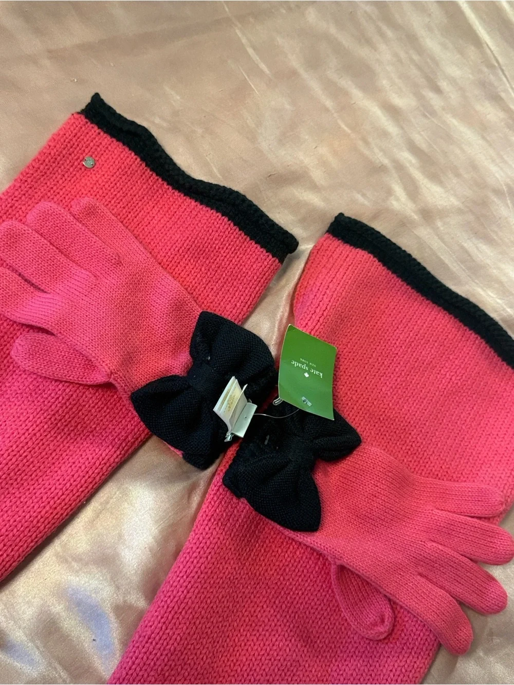 kate spade Hot Pink and Black Knit Glove & Scarf Set